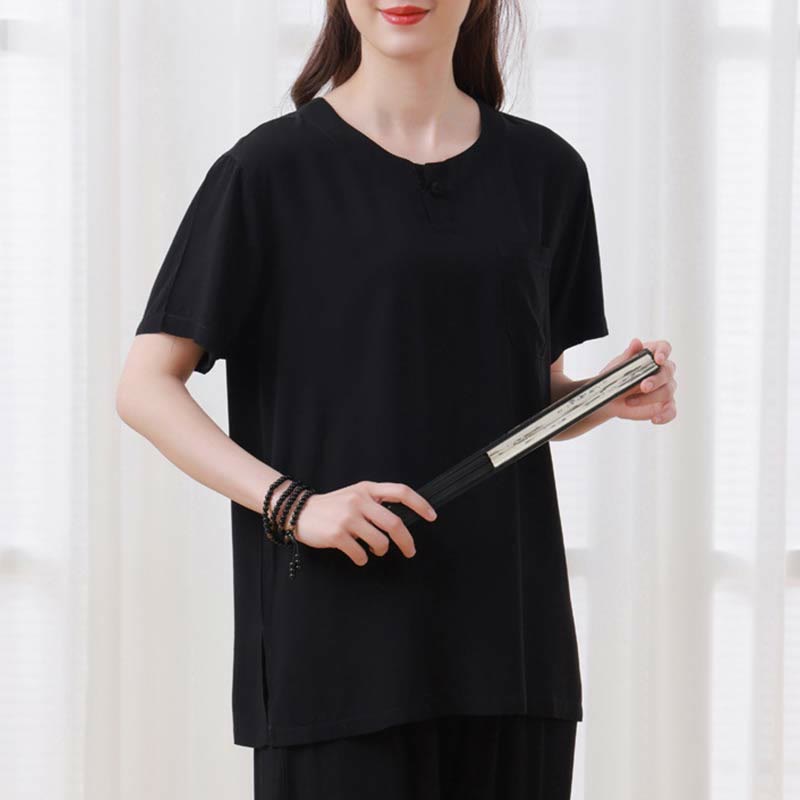 Buddha Stones de 2 piezas de camisa de media manga con cuello redondo, diseño simple, botones de rana, cintura elástica, pantalones de meditación, zen, tai chi, de algodón, para mujer