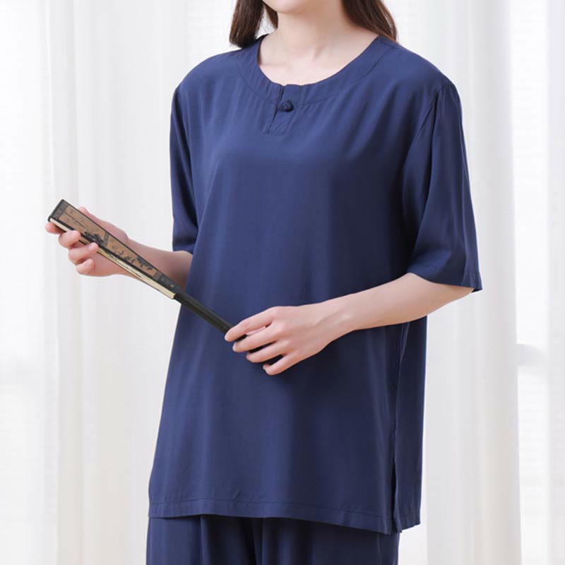 Buddha Stones de 2 piezas de camisa de media manga con cuello redondo, diseño simple, botones de rana, cintura elástica, pantalones de meditación, zen, tai chi, de algodón, para mujer