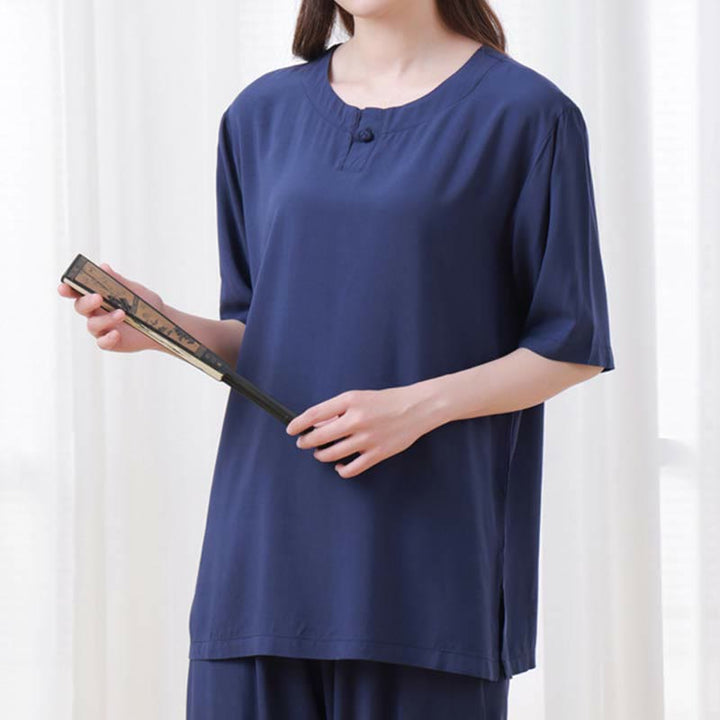 Buddha Stones de 2 piezas de camisa de media manga con cuello redondo, diseño simple, botones de rana, cintura elástica, pantalones de meditación, zen, tai chi, de algodón, para mujer