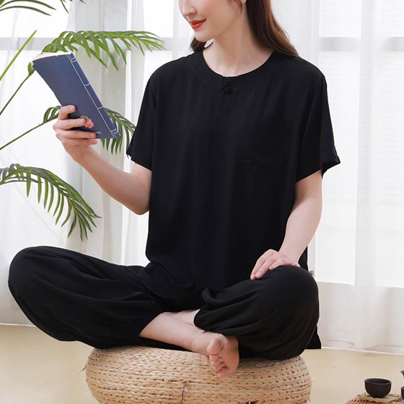 Buddha Stones de 2 piezas de camisa de media manga con cuello redondo, diseño simple, botones de rana, cintura elástica, pantalones de meditación, zen, tai chi, de algodón, para mujer