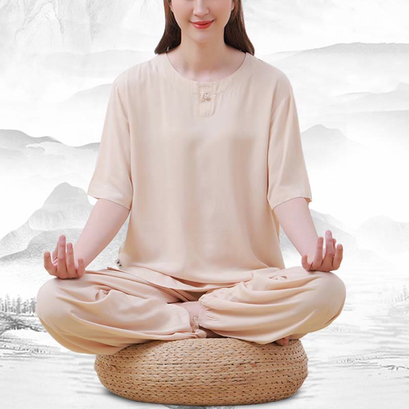 Buddha Stones de 2 piezas de camisa de media manga con cuello redondo, diseño simple, botones de rana, cintura elástica, pantalones de meditación, zen, tai chi, de algodón, para mujer