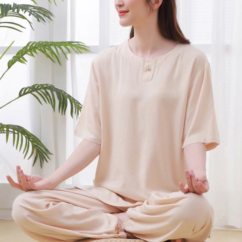 Buddha Stones de 2 piezas de camisa de media manga con cuello redondo, diseño simple, botones de rana, cintura elástica, pantalones de meditación, zen, tai chi, de algodón, para mujer - Blanco antiguo - US14, UK/AU18, EU46 (4XL) - image 0