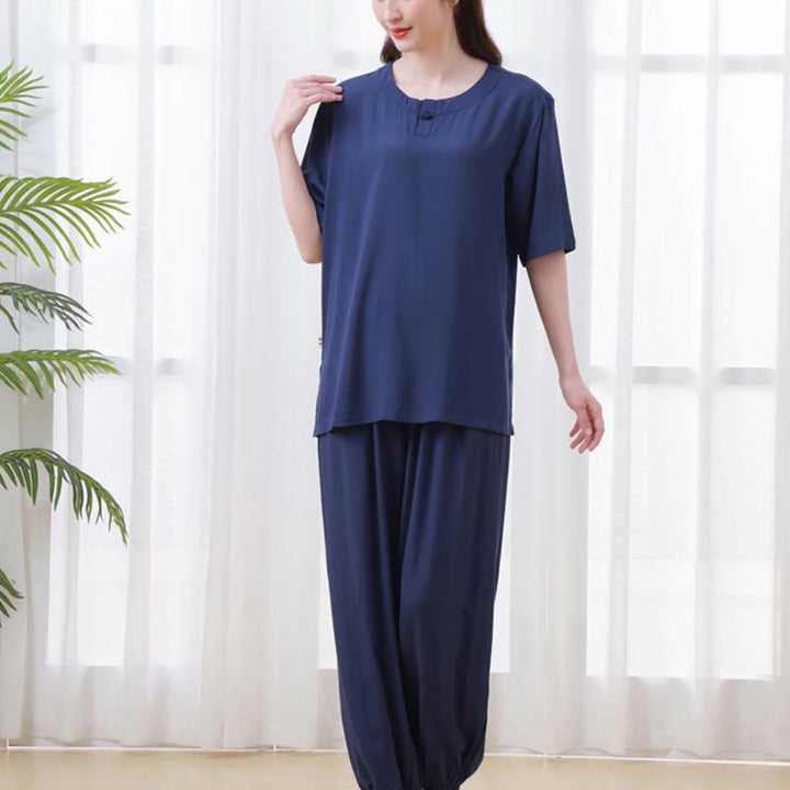 Buddha Stones de 2 piezas de camisa de media manga con cuello redondo, diseño simple, botones de rana, cintura elástica, pantalones de meditación, zen, tai chi, de algodón, para mujer