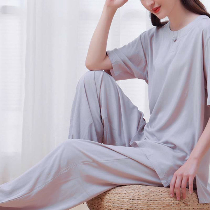 Buddha Stones de 2 piezas de camisa de media manga con cuello redondo, diseño simple, botones de rana, cintura elástica, pantalones de meditación, zen, tai chi, de algodón, para mujer