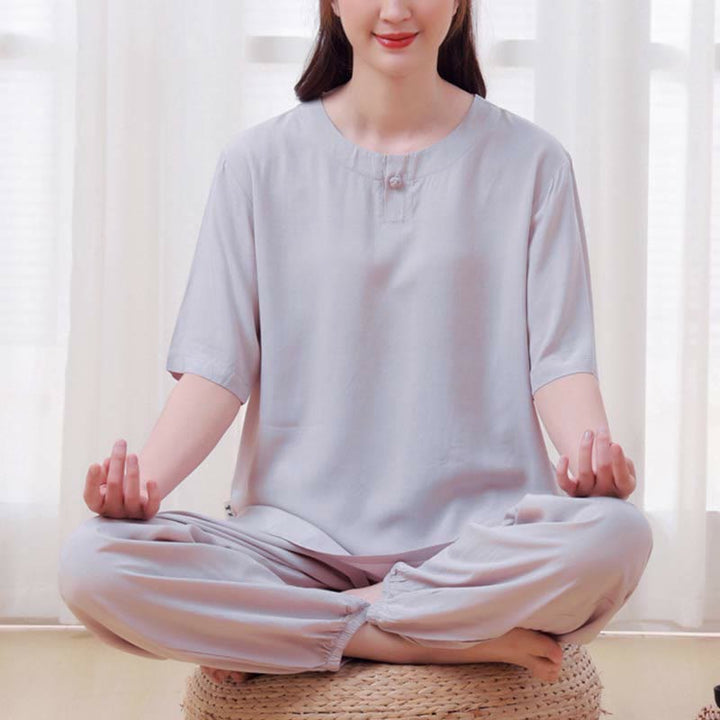 Buddha Stones de 2 piezas de camisa de media manga con cuello redondo, diseño simple, botones de rana, cintura elástica, pantalones de meditación, zen, tai chi, de algodón, para mujer