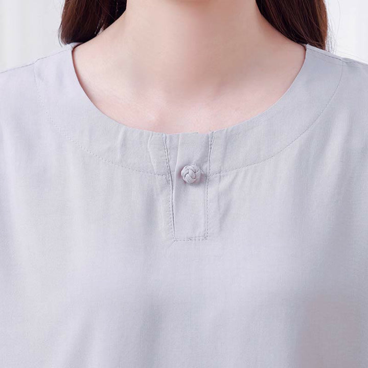 Buddha Stones de 2 piezas de camisa de media manga con cuello redondo, diseño simple, botones de rana, cintura elástica, pantalones de meditación, zen, tai chi, de algodón, para mujer