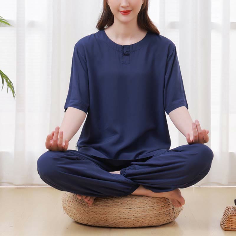 Buddha Stones de 2 piezas de camisa de media manga con cuello redondo, diseño simple, botones de rana, cintura elástica, pantalones de meditación, zen, tai chi, de algodón, para mujer