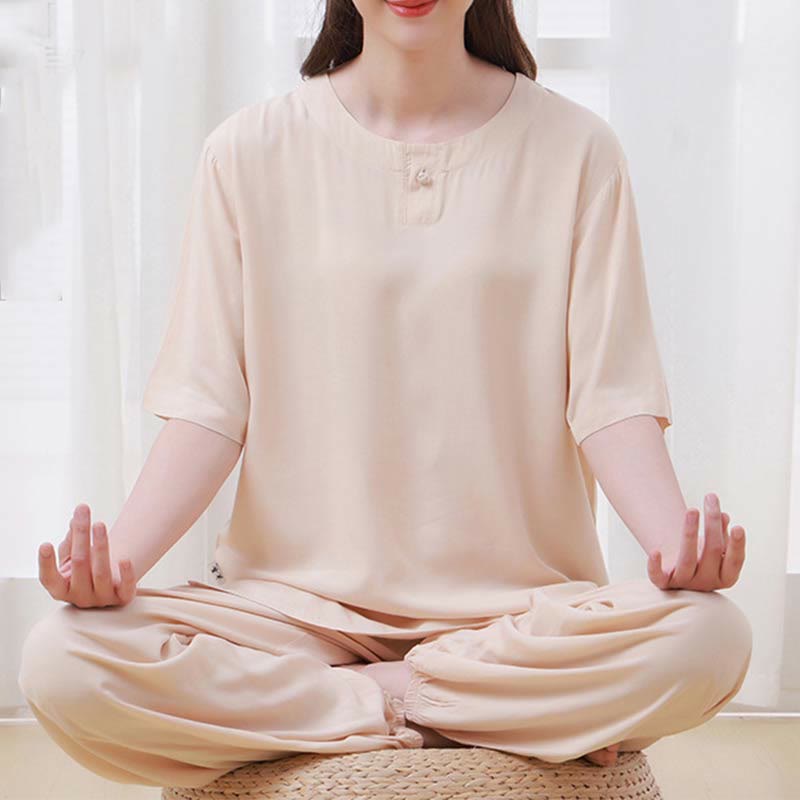 Buddha Stones de 2 piezas de camisa de media manga con cuello redondo, diseño simple, botones de rana, cintura elástica, pantalones de meditación, zen, tai chi, de algodón, para mujer