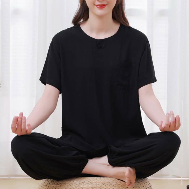 Buddha Stones de 2 piezas de camisa de media manga con cuello redondo, diseño simple, botones de rana, cintura elástica, pantalones de meditación, zen, tai chi, de algodón, para mujer