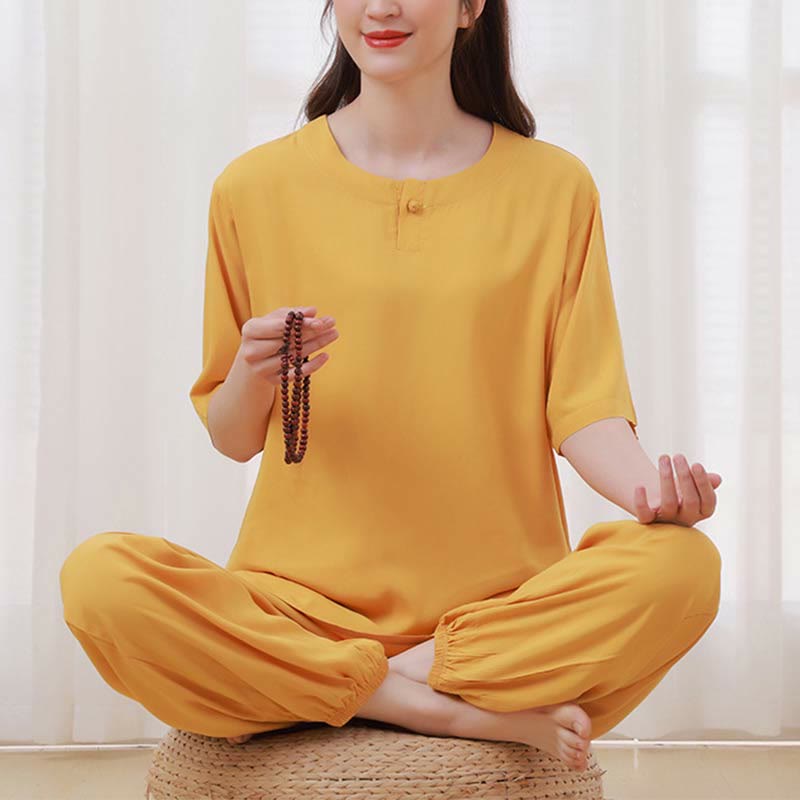 Buddha Stones de 2 piezas de camisa de media manga con cuello redondo, diseño simple, botones de rana, cintura elástica, pantalones de meditación, zen, tai chi, de algodón, para mujer