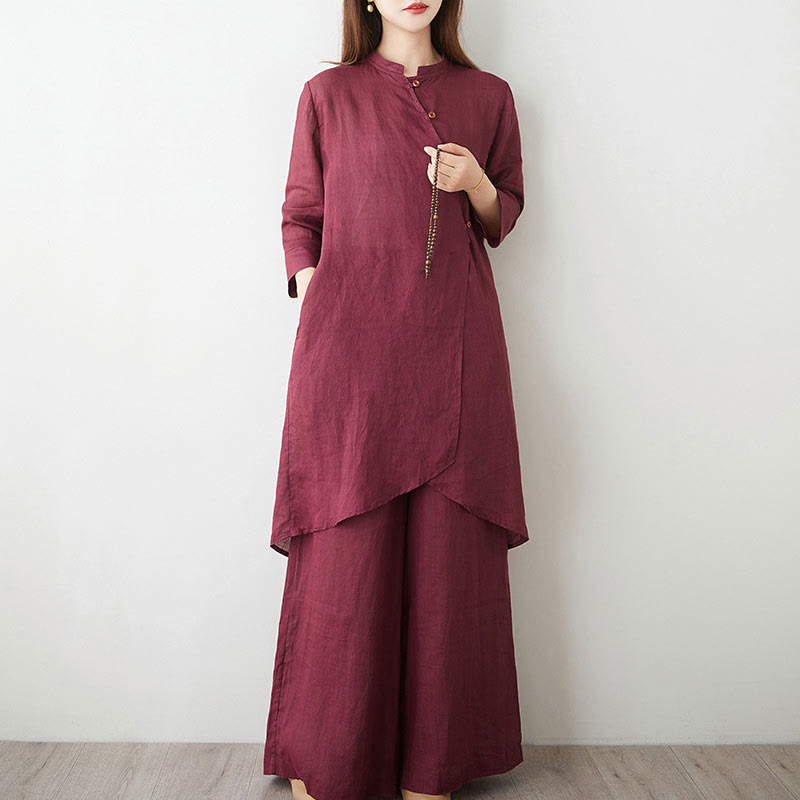 Conjunto informal de 2 piezas con Buddha Stones, camisa de manga tres cuartos, cuello inclinado, pantalones anchos con bolsillos, ropa de meditación, zen y tai chi para mujer - image 3