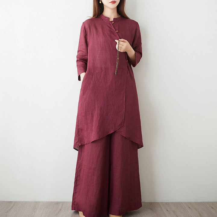 Conjunto informal de 2 piezas con Buddha Stones, camisa de manga tres cuartos, cuello inclinado, pantalones anchos con bolsillos, ropa de meditación, zen y tai chi para mujer - image 3