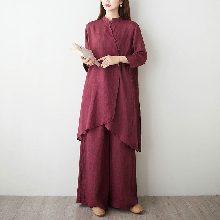 Conjunto informal de 2 piezas con Buddha Stones, camisa de manga tres cuartos, cuello inclinado, pantalones anchos con bolsillos, ropa de meditación, zen y tai chi para mujer - image 2