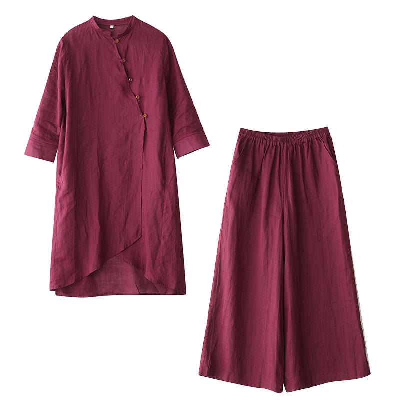 Conjunto informal de 2 piezas con Buddha Stones, camisa de manga tres cuartos, cuello inclinado, pantalones anchos con bolsillos, ropa de meditación, zen y tai chi para mujer - image 18