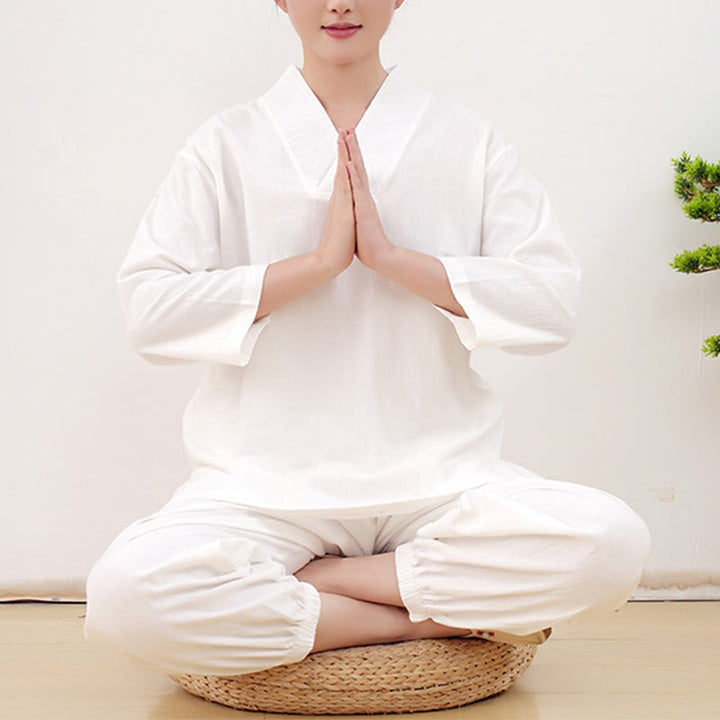 Conjunto informal de 2 piezas con estampado de Buddha Stones, camisa y falda con bolsillos, manga larga, diseño arrugado, para meditación, zen y tai chi, para mujer