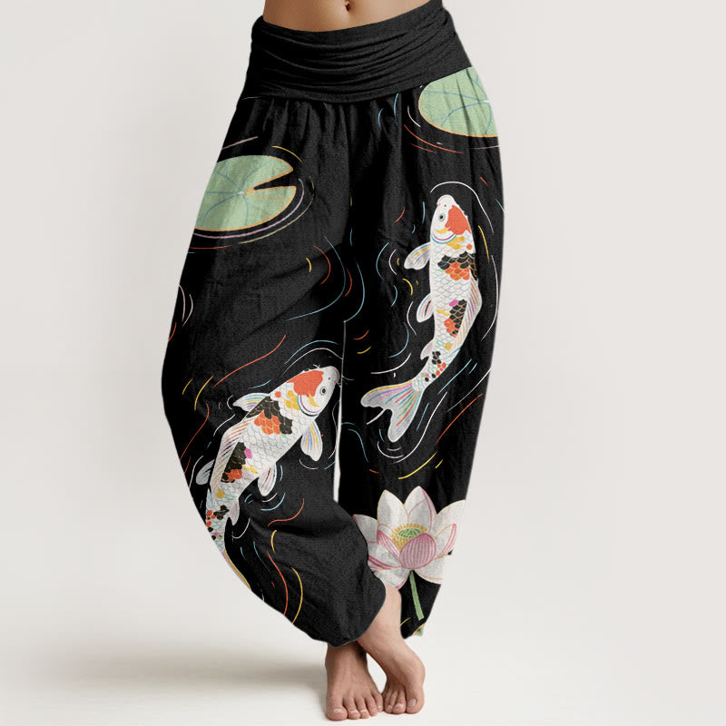 Pantalones harén con cintura elástica para mujer, con diseño de Buddha Stones, flor de loto, hojas de loto y pez koi, y ondas de agua. - Negro - US22，UK/AU26，EU54 (6XL) - image 0
