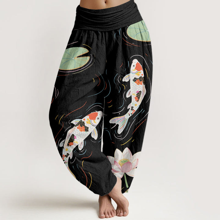 Pantalones harén con cintura elástica para mujer, con diseño de Buddha Stones, flor de loto, hojas de loto y pez koi, y ondas de agua. - Negro - US22，UK/AU26，EU54 (6XL) - image 0