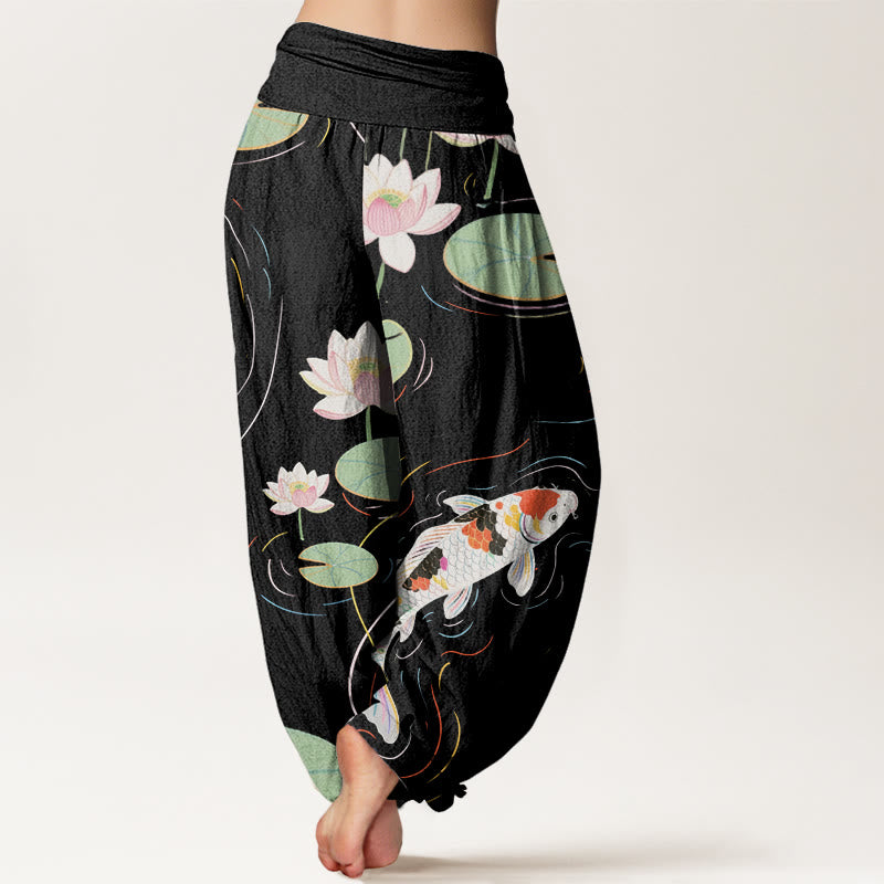Pantalones bombachos de cintura elástica para mujer con estampado de piedras de Buddha Stones de loto, hojas de loto, peces koi y ondas en el agua. - image 1
