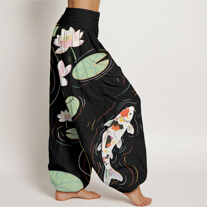 Pantalones harén con cintura elástica para mujer, con diseño de Buddha Stones, flor de loto, hojas de loto y pez koi, y ondas de agua. - image 3