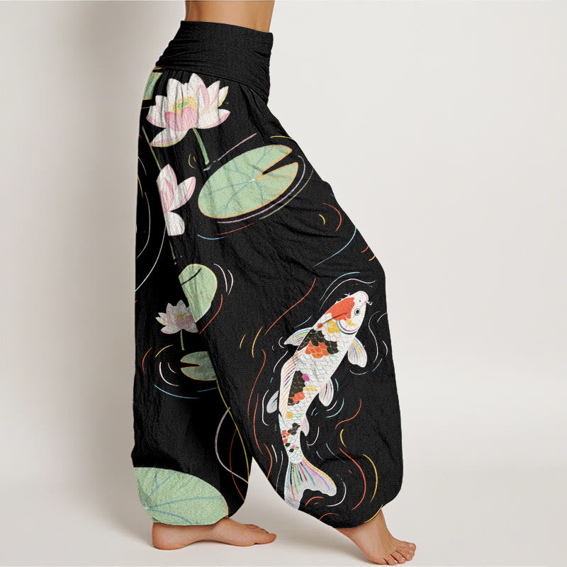 Pantalones harén con cintura elástica para mujer, con diseño de Buddha Stones, flor de loto, hojas de loto y pez koi, y ondas de agua. - image 2
