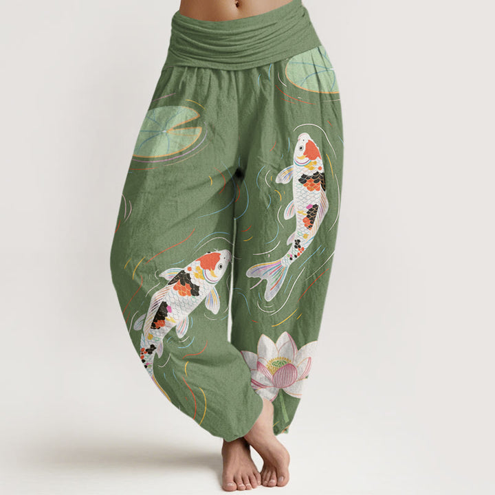 Pantalones harén con cintura elástica para mujer, con diseño de Buddha Stones, flor de loto, hojas de loto y pez koi, y ondas de agua. - Verde mar medio - US22，UK/AU26，EU54 (6XL) - image 4
