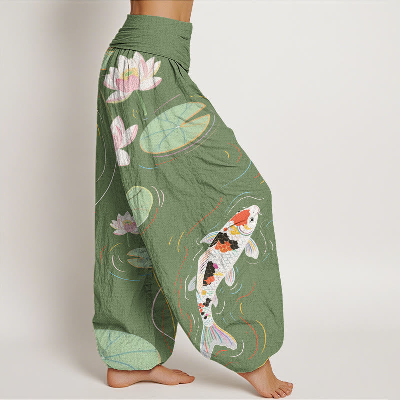 Pantalones harén con cintura elástica para mujer, con diseño de Buddha Stones, flor de loto, hojas de loto y pez koi, y ondas de agua. - image 7