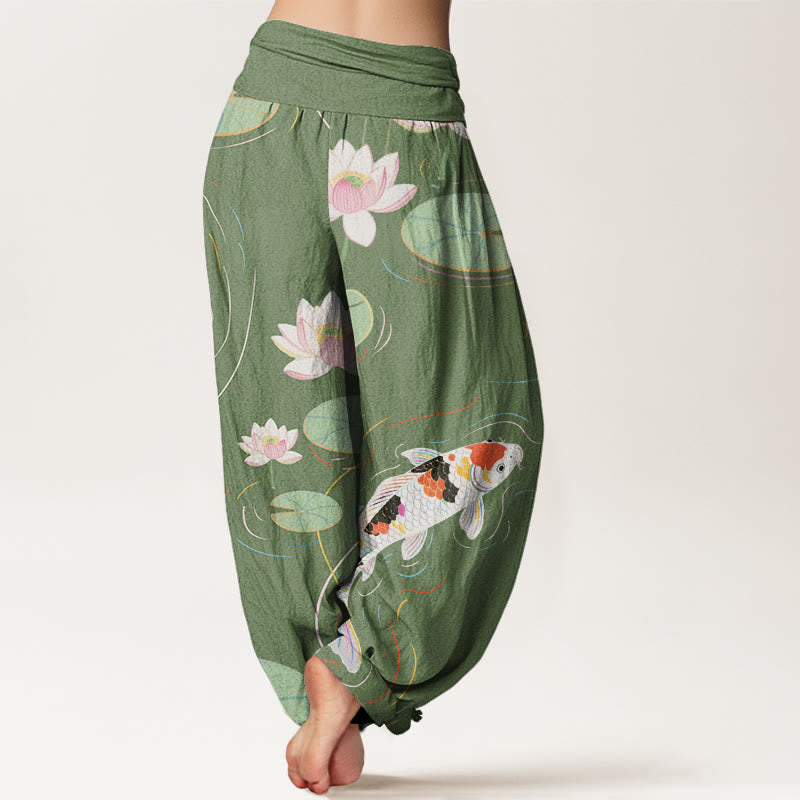 Pantalones harén con cintura elástica para mujer, con diseño de Buddha Stones, flor de loto, hojas de loto y pez koi, y ondas de agua. - image 6