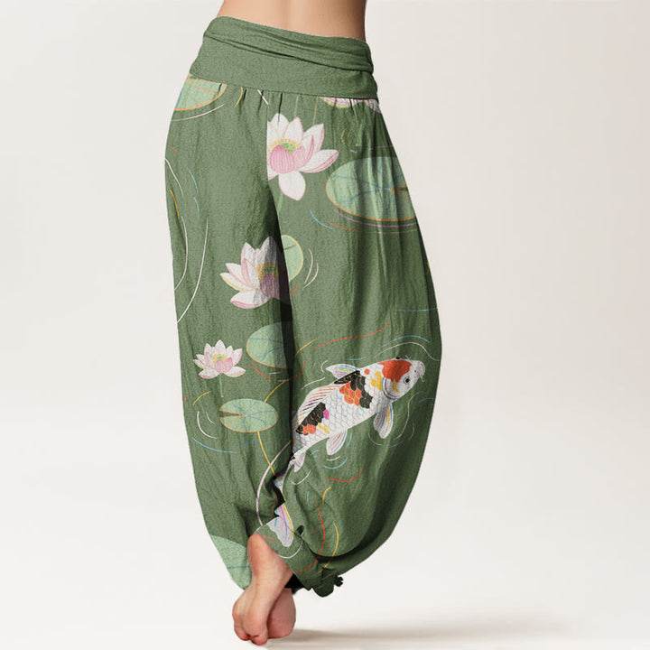 Pantalones harén con cintura elástica para mujer, con diseño de Buddha Stones, flor de loto, hojas de loto y pez koi, y ondas de agua. - image 6