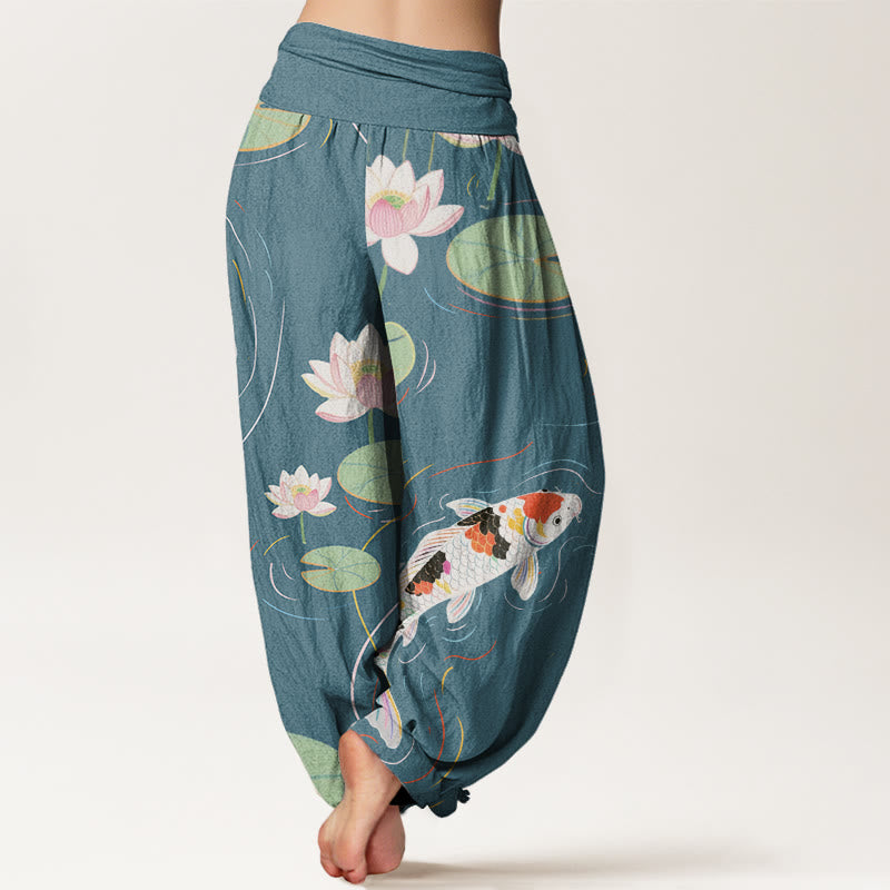 Pantalones harén con cintura elástica para mujer, con diseño de Buddha Stones, flor de loto, hojas de loto y pez koi, y ondas de agua. - image 9