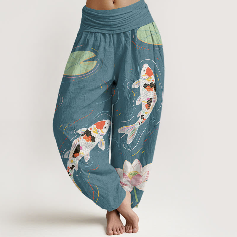 Pantalones harén con cintura elástica para mujer, con diseño de Buddha Stones, flor de loto, hojas de loto y pez koi, y ondas de agua. - Verde mar claro - US22，UK/AU26，EU54 (6XL) - image 8