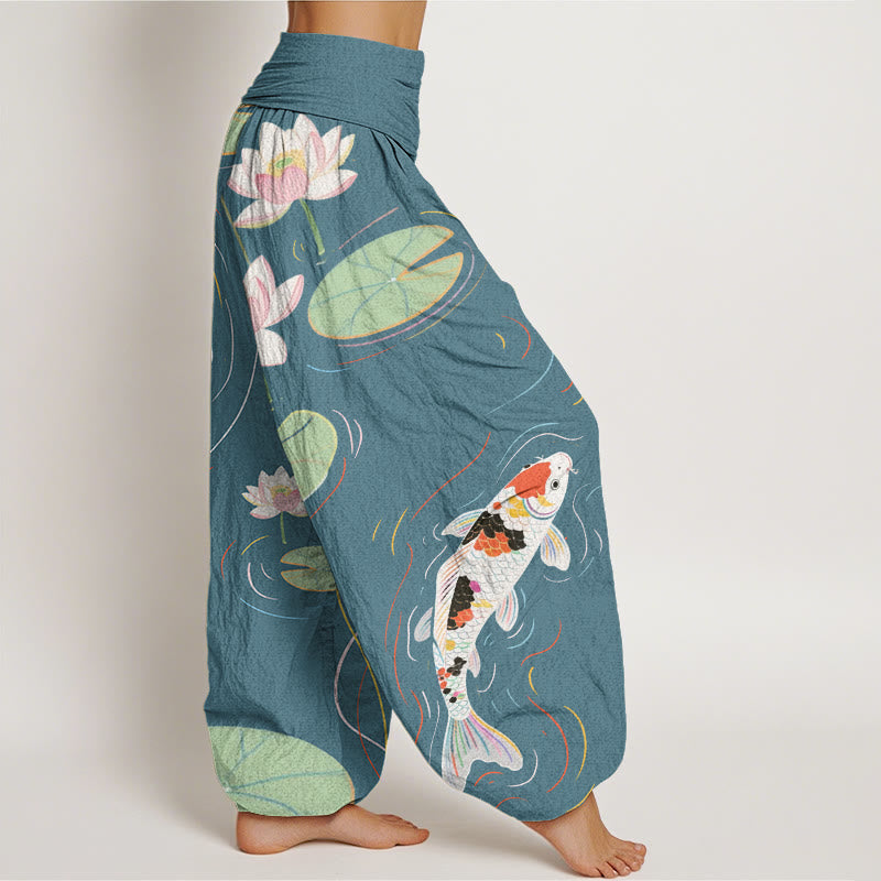 Pantalones harén con cintura elástica para mujer, con diseño de Buddha Stones, flor de loto, hojas de loto y pez koi, y ondas de agua. - image 10