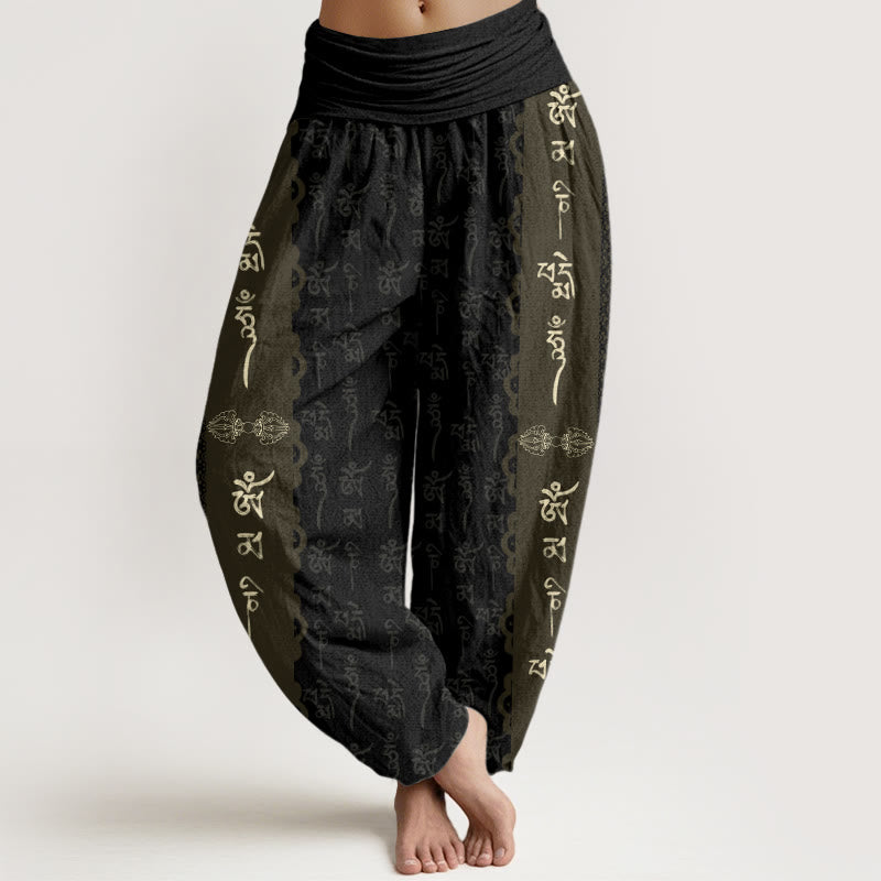 Pantalones harén con cintura elástica para mujer con estampado Om Mani Padme Hum y Buddha Stones - Negro - US22，UK/AU26，EU54 (6XL) - image 0