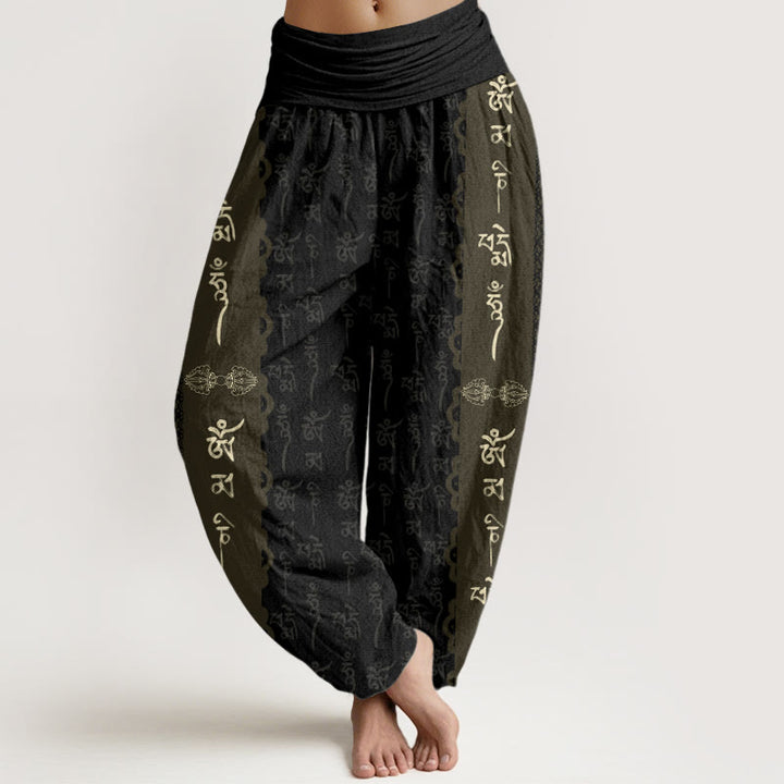 Pantalones bombachos de cintura elástica para mujer con estampado de piedras de Buddha Stones, algodón, Om Mani Padme Hum - Negro - US22，UK/AU26，EU54 (6XL) - image 0