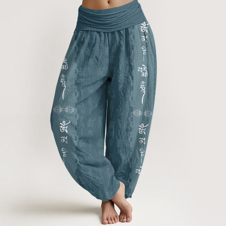 Pantalones harén con cintura elástica para mujer con estampado Om Mani Padme Hum y Buddha Stones - Cian oscuro - US22，UK/AU26，EU54 (6XL) - image 4