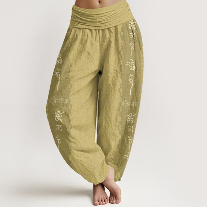 Pantalones harén con cintura elástica para mujer con estampado Om Mani Padme Hum y Buddha Stones - Caqui - US22，UK/AU26，EU54 (6XL) - image 8
