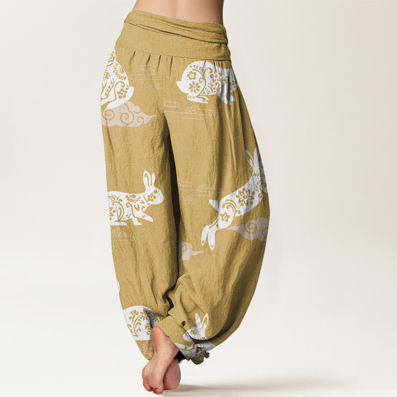 Pantalones harén con cintura elástica para mujer, con diseño de nubes auspiciosas y conejo blanco y Buddha Stones - image 5