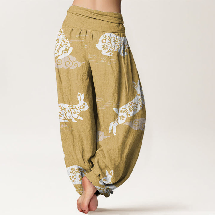 Pantalones harén con cintura elástica para mujer, con diseño de nubes auspiciosas y conejo blanco y Buddha Stones - image 5