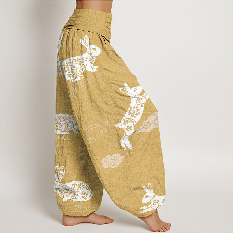 Pantalones harén con cintura elástica para mujer, con diseño de nubes auspiciosas y conejo blanco y Buddha Stones - image 6