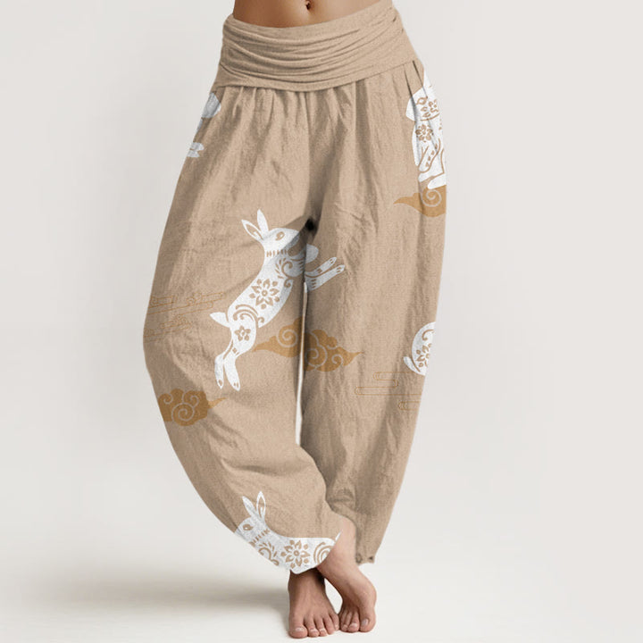 Pantalones harén con cintura elástica para mujer, con diseño de nubes auspiciosas y conejo blanco y Buddha Stones - BurlyWood - US22，UK/AU26，EU54 (6XL) - image 8