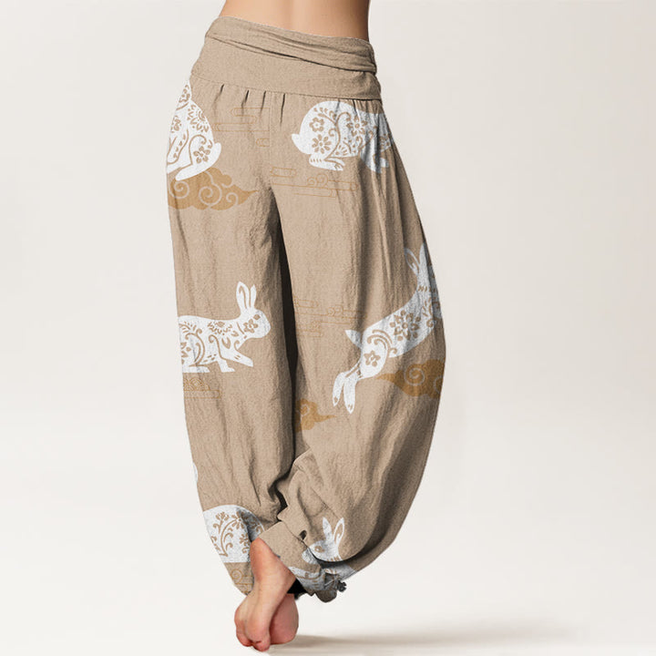 Pantalones harén con cintura elástica para mujer, con diseño de nubes auspiciosas y conejo blanco y Buddha Stones - image 8