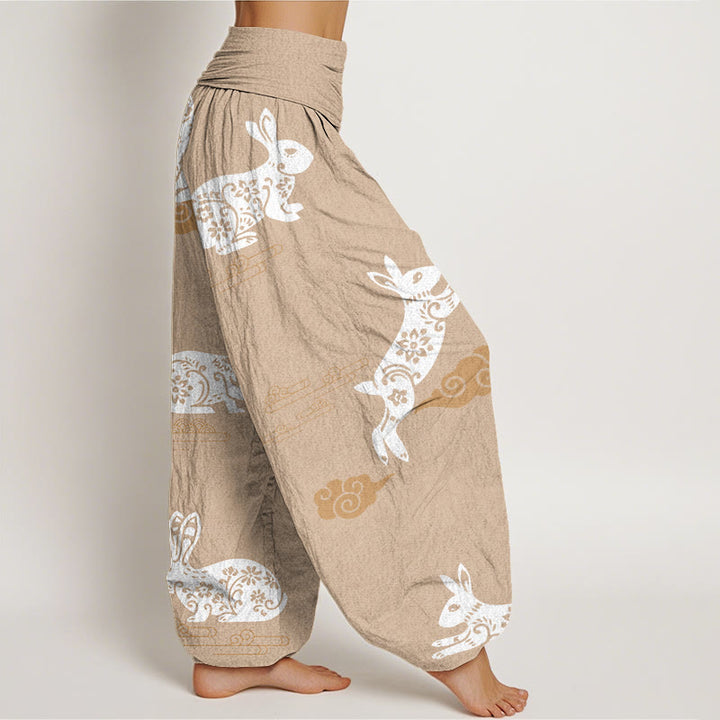 Pantalones harén con cintura elástica para mujer, con diseño de nubes auspiciosas y conejo blanco y Buddha Stones - image 9