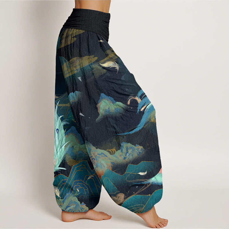 Pantalones harén con cintura elástica para mujer con diseño de nubes y montañas de fénix y piedras de Buddha Stones - image 2