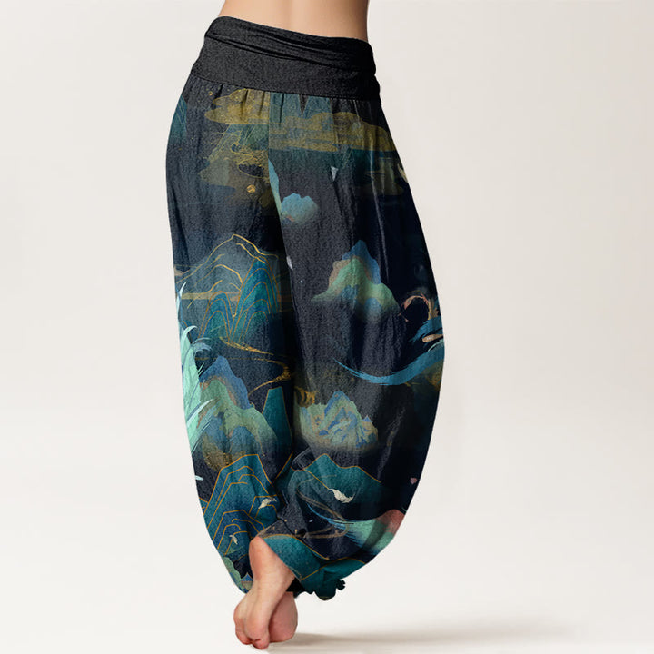 Pantalones harén con cintura elástica para mujer con diseño de nubes y montañas de fénix y piedras de Buddha Stones - image 1