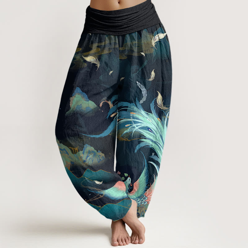 Pantalones bombachos de cintura elástica para mujer con estampado de nubes y montañas de fénix y Buddha Stones , de algodón. - Cian oscuro - US22，UK/AU26，EU54 (6XL) - image 0