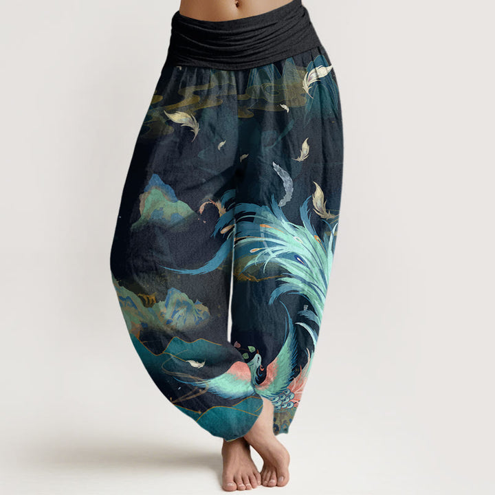 Pantalones bombachos de cintura elástica para mujer con estampado de nubes y montañas de fénix y Buddha Stones , de algodón. - Cian oscuro - US22，UK/AU26，EU54 (6XL) - image 0
