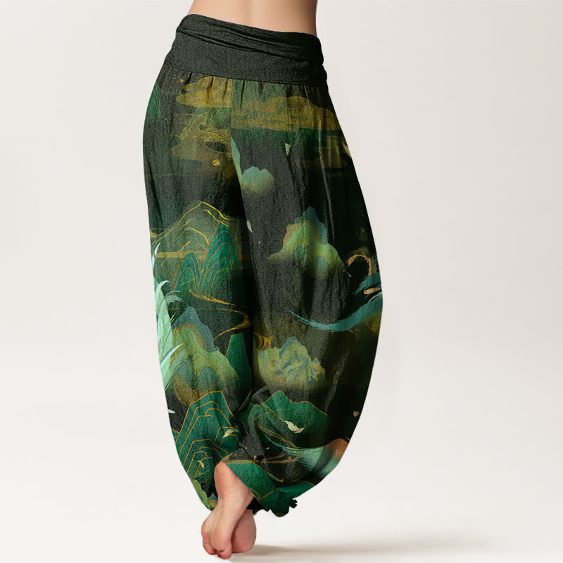 Pantalones bombachos de cintura elástica para mujer con estampado de nubes y montañas de fénix y Buddha Stones , de algodón. - image 5