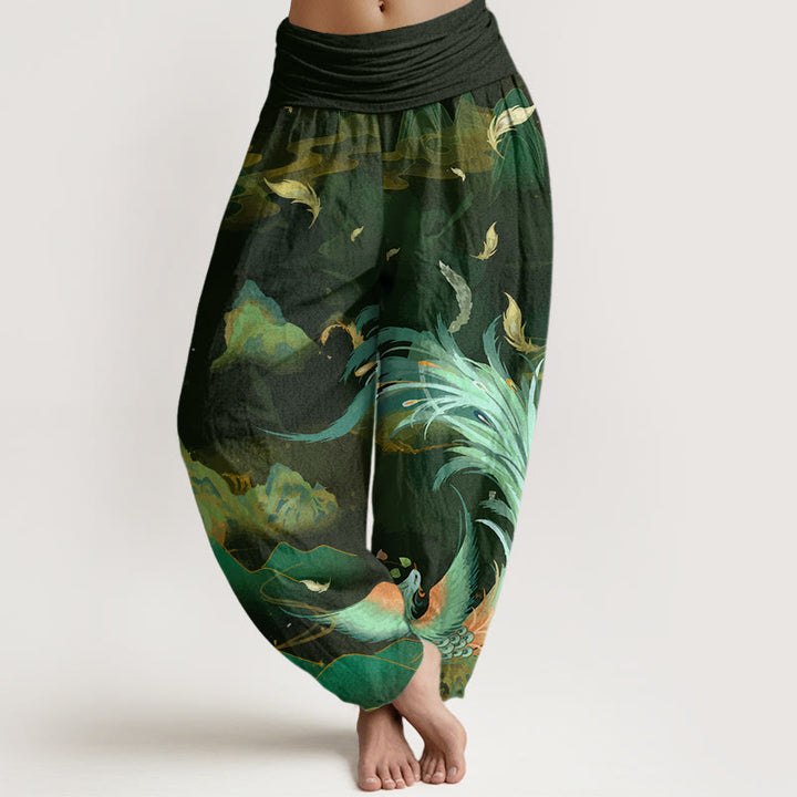 Pantalones harén con cintura elástica para mujer con diseño de nubes y montañas de fénix y piedras de Buddha Stones - Verde oliva - US22，UK/AU26，EU54 (6XL) - image 5