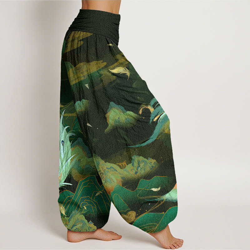 Pantalones bombachos de cintura elástica para mujer con estampado de nubes y montañas de fénix y Buddha Stones , de algodón. - image 6