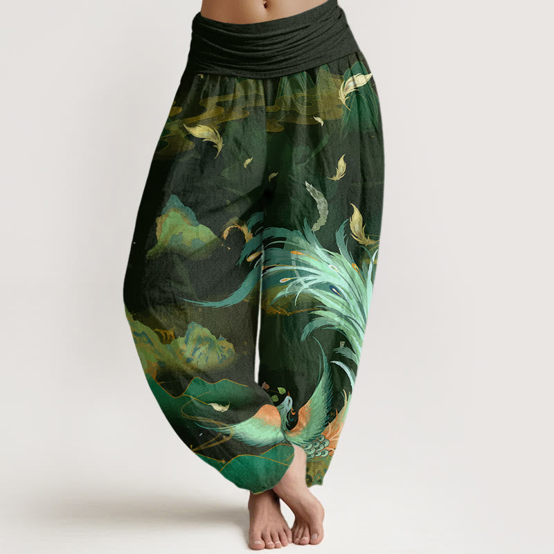 Pantalones harén con cintura elástica para mujer con diseño de nubes y montañas de fénix y piedras de Buddha Stones - Verde oliva - US22，UK/AU26，EU54 (6XL) - image 4