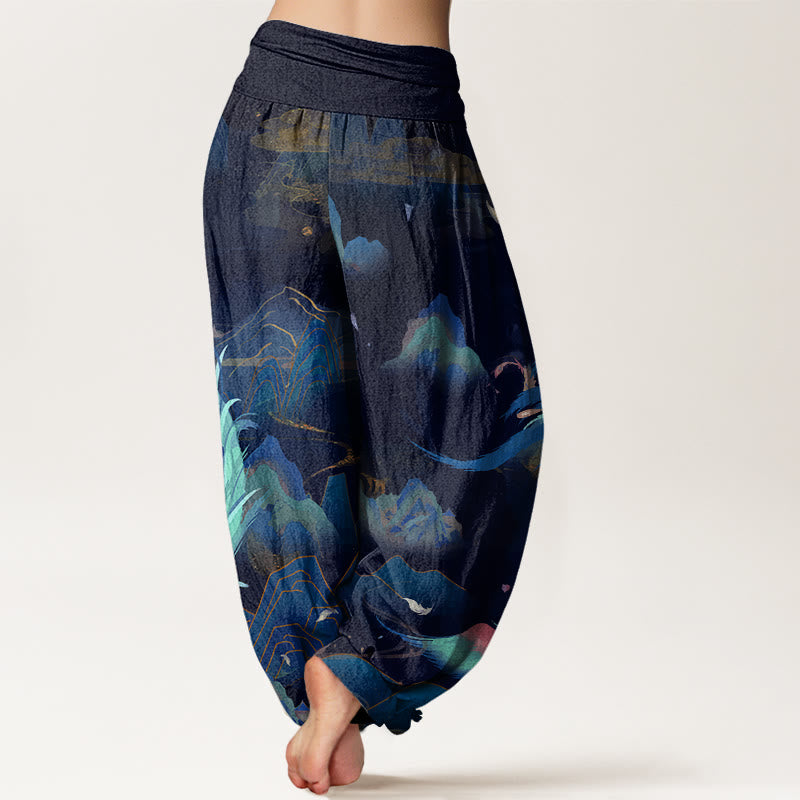 Pantalones bombachos de cintura elástica para mujer con estampado de nubes y montañas de fénix y Buddha Stones , de algodón. - image 8